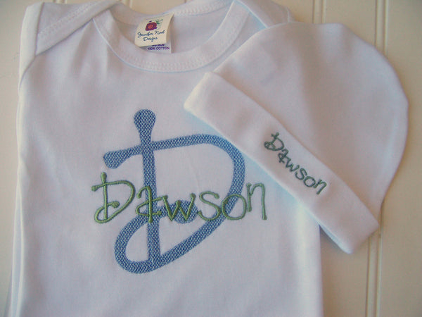 Personalized Coming Home Oufit, Take Home From Hospital Outfit, Layette Gown, or one piece and Hat Set, Boys Coming Home outfit