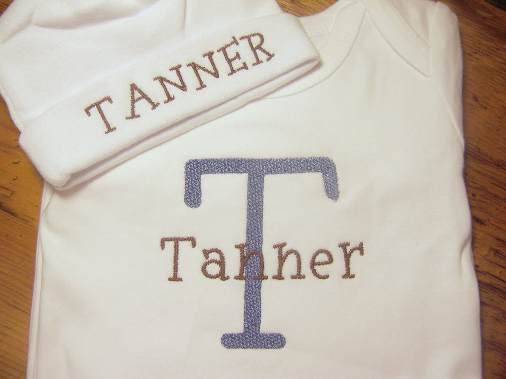 Personalized Coming Home Oufit, Take Home From Hospital Outfit, Layette Gown, or one piece and Hat Set, Boys Take Home outfit