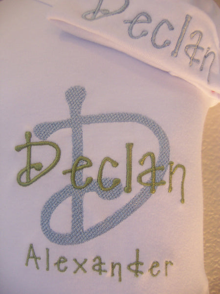 Personalized Coming Home Oufit, Take Home From Hospital Outfit, Layette Gown, or one piece and Hat Set, Boys Coming Home outfit