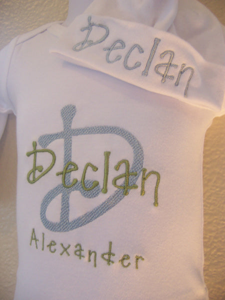 Personalized Coming Home Oufit, Take Home From Hospital Outfit, Layette Gown, or one piece and Hat Set, Boys Coming Home outfit