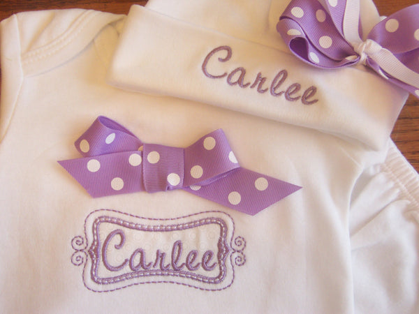 Personalized Coming Home Oufit, Take Home From Hospital Outfit, Layette Gown, or one piece and Hat Set, Girls Coming Home outfit