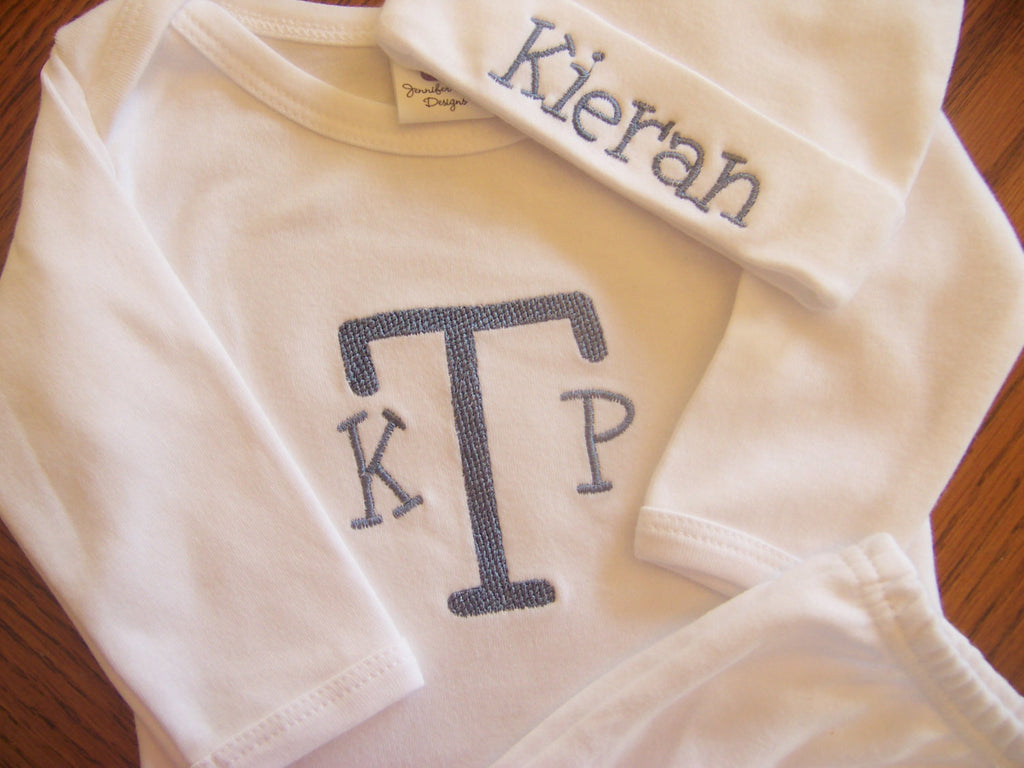 Personalized Coming Home Oufit, Take Home From Hospital Outfit, Layette Gown, or one piece and Hat Set, Boys Coming Home outfit