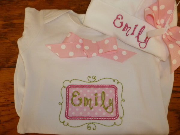 Personalized Coming Home Oufit, Take Home From Hospital Outfit, Layette Gown, or one piece,, or one piece and Hat, bib and burp Set