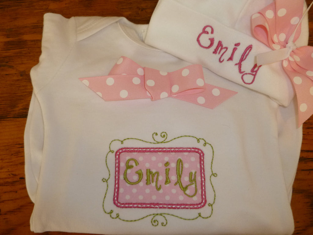 Personalized Coming Home Oufit, Take Home From Hospital Outfit, Layette Gown, or one piece and Hat Set, Girls Coming Home outfit