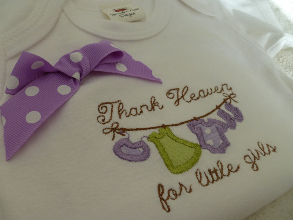 New Baby Girl one piece, Thanks Heaven for Little Girls, in pinks with attached bow