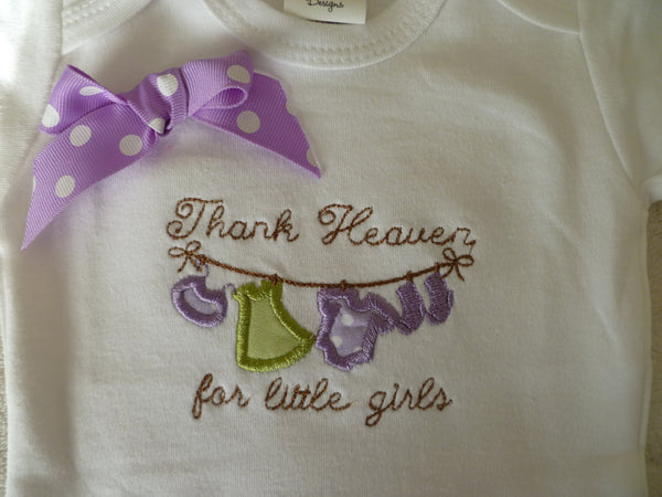 New Baby Girl one piece, Thanks Heaven for Little Girls, in pinks with attached bow