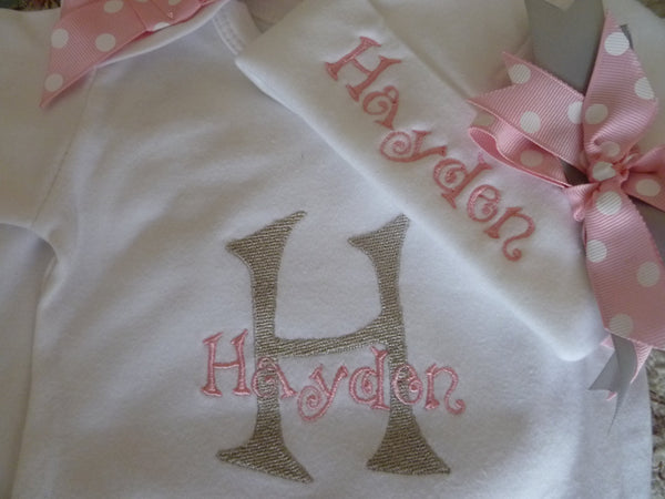 Personalized Coming Home Oufit, Take Home From Hospital set, Layette Gown, or one piece, leg warmers and Hat Set, Girls Take Home Outfit,