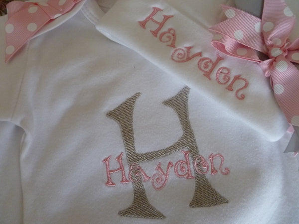 Personalized Coming Home Oufit, Take Home From Hospital Outfit, Layette Gown, or one piece and Hat Set, Girls Take Home outfit