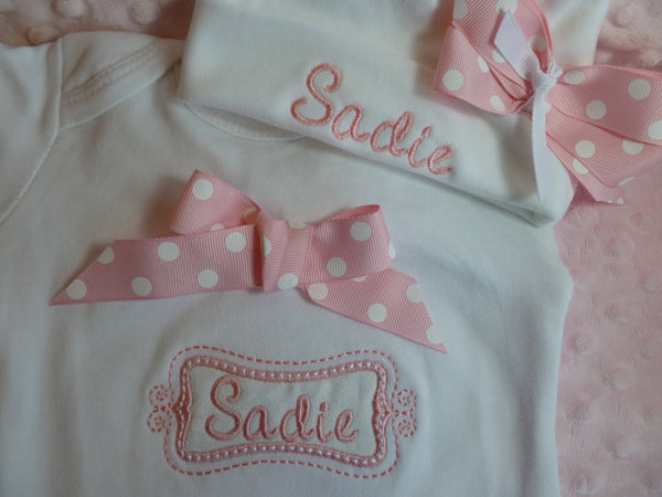 Personalized Baby Girl one piece (tm), bodysuit or ruffle edge T- Shirt, "take home outfit" with matching personalized cap