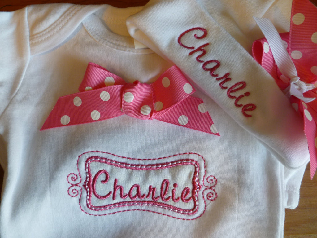 Personalized Coming Home Oufit, Take Home From Hospital Outfit, Layette Gown, or one piece and Hat Set, Girls Coming Home outfit
