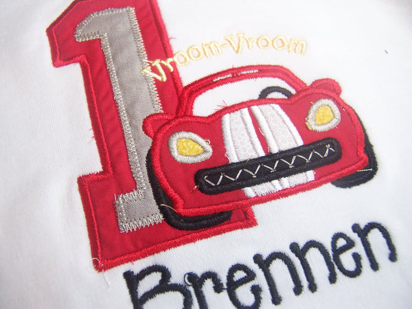 Personalized Baby Boy 1st Birthday Shirt, or one piece, Varsity Cars