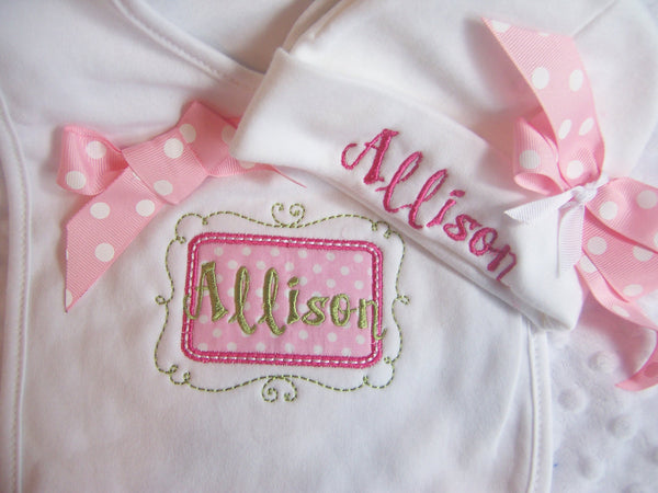 Personalized Coming Home Bib and Hat Set with bows, monogram bib, personalized hospital hat