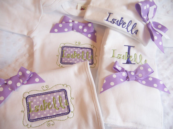 Personalized Coming Home Oufit, Take Home From Hospital Outfit, Layette Gown, or one piece,, or one piece and Hat, bib and burp Set