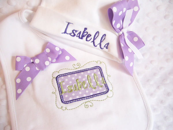 Personalized Coming Home Bib and Hat Set with bows, monogram bib, personalized hospital hat