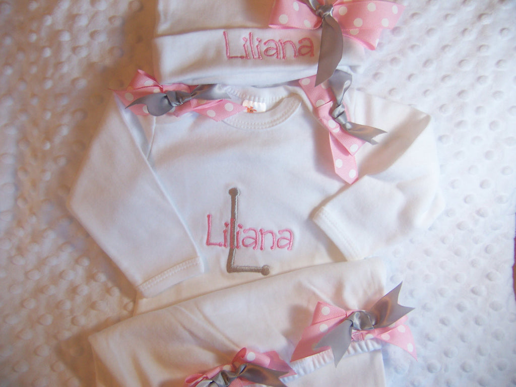 Personalized Coming Home Oufit, Take Home From Hospital Outfit, Layette Gown, or one piece and Hat Set, Girls Take Home outfit