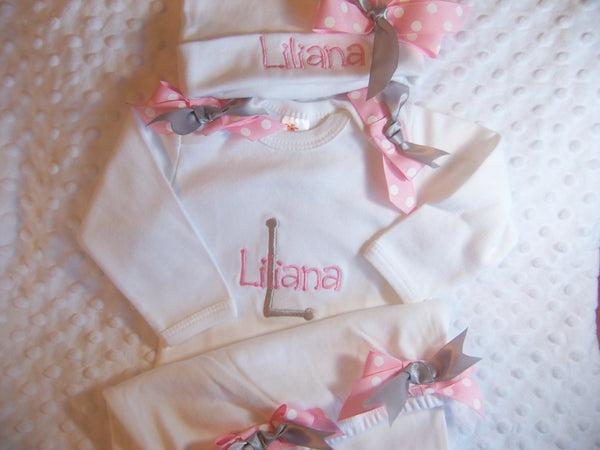 Personalized Coming Home Oufit, Take Home From Hospital Outfit, Layette Gown, or one piece and Hat Set, Girls Take Home outfit
