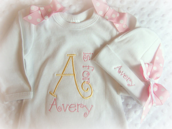 Personalized Coming Home Oufit, Take Home From Hospital Outfit, Layette Gown, or one piece and Hat Set, Girls Coming Home outfit