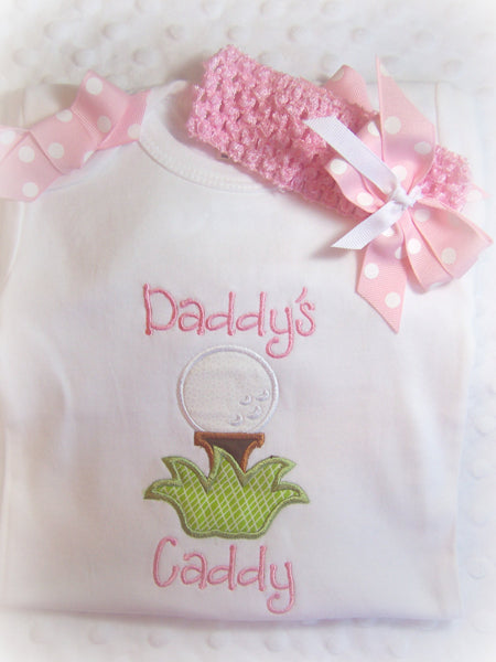 Personalized Girls Golf, Daddy's Caddy one piece Tshirt, with Matching Headband bow
