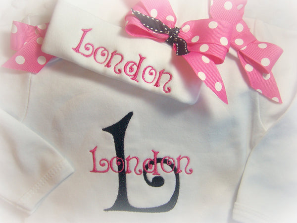 Personalized Coming Home Oufit, Take Home From Hospital Outfit, Layette Gown, or one piece and Hat Set, Girls Coming Home outfit
