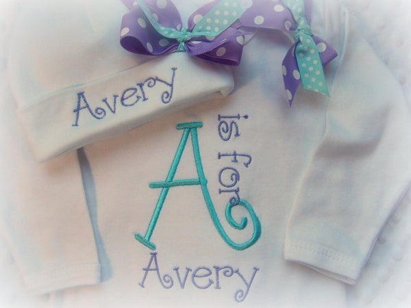 Personalized Coming Home Oufit, Take Home From Hospital Outfit, Layette Gown, or one piece and Hat Set, Girls Coming Home outfit