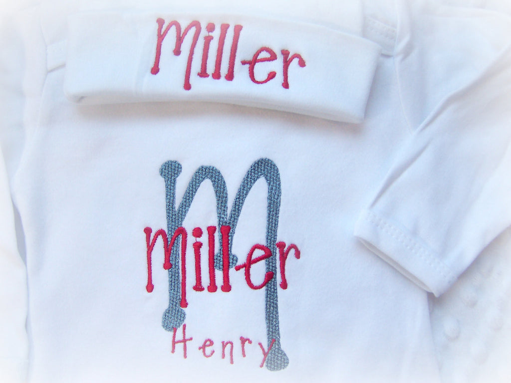 Personalized Coming Home Oufit, Take Home From Hospital Outfit, Layette Gown, or one piece and Hat Set, Boys Coming Home outfit