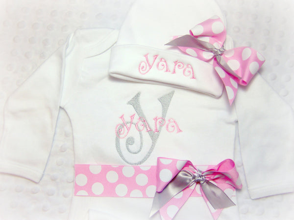 Personalized Coming Home Oufit, Take Home From Hospital Outfit, Layette Gown, or one piece and Hat Set, Girls Take Home outfit
