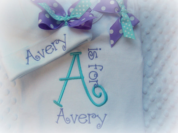 Personalized Baby Girl one piece and Hat Set, Monogram, with coordinating shoulder bows, purple, turquoise