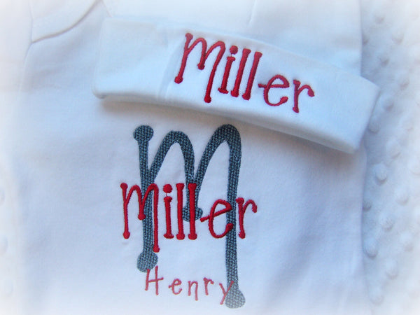 Personalized Baby Boy one piece and Hat Set, Monogrammed, you choose the colors and font