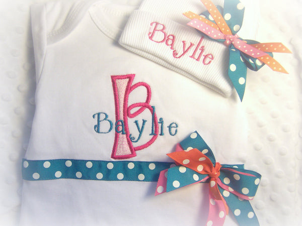 Girl's Personalized Coming Home Oufit, Take Home From Hospital Girl's Outfit, and Hat Set, Girls Take Home Outfit,