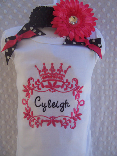 Personalized Baby Girl one piece or ruffle edge T- Shirt, Royal Princess, with shoulder bows and coordinating headband