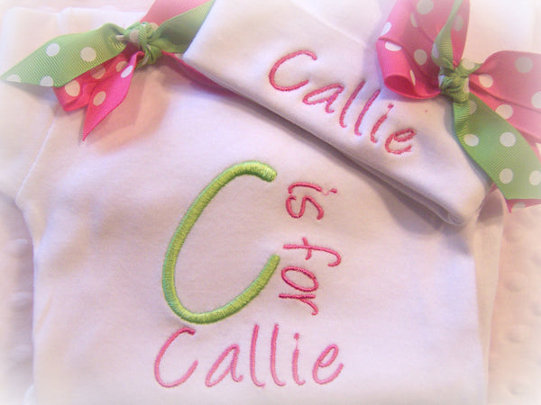 Personalized Coming Home Oufit, Take Home From Hospital Outfit, Layette Gown, or one piece and Hat Set, Girls Take Home outfit