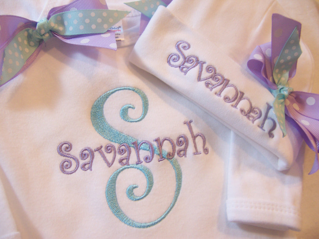 Personalized Coming Home Oufit, Take Home From Hospital Outfit, Layette Gown, or one piece and Hat Set, Girls Coming Home outfit