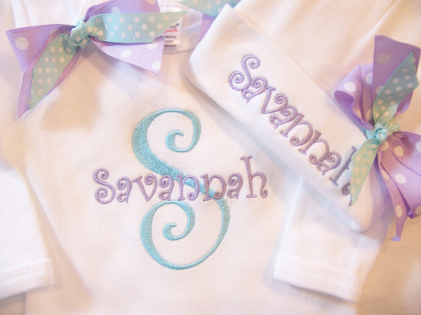 Personalized Coming Home Oufit, Take Home From Hospital Outfit, Layette Gown, or one piece and Hat Set, Girls Coming Home outfit