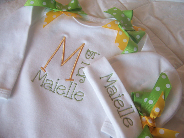 Personalized Coming Home Oufit, Take Home From Hospital Outfit, Layette Gown, or one piece and Hat Set, Girls Take Home outfit