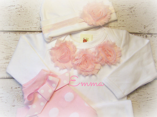 Personalized Take Home From Hospital Set, Gown, Hat, Headband, and Legwarmers in Pink with soft Shabby Pink flowers