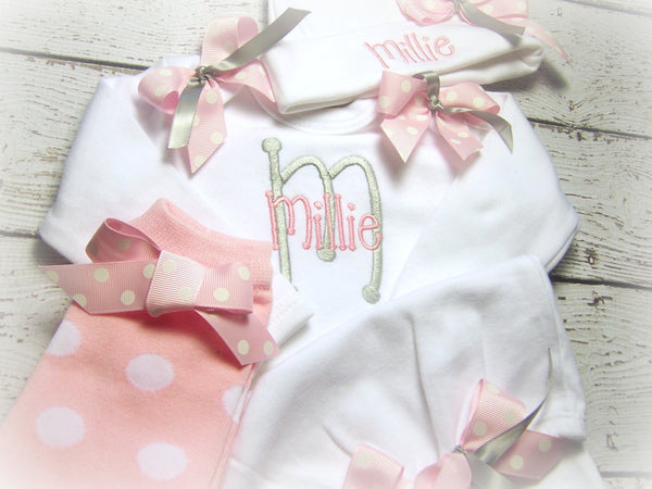 Personalized Coming Home Oufit, Take Home From Hospital set, Layette Gown, or one piece, leg warmers and Hat Set, Girls Take Home Outfit,