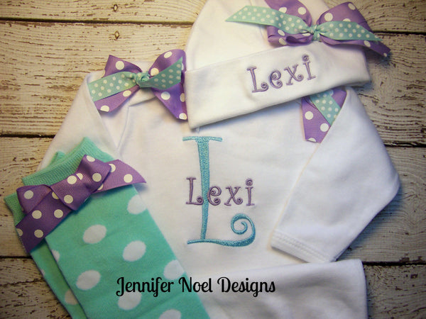 Personalized Take Home Oufit, Take Home From Hospital set, Gown, legwarmers and Hat Set, Girls Coming Home Outfit, ,