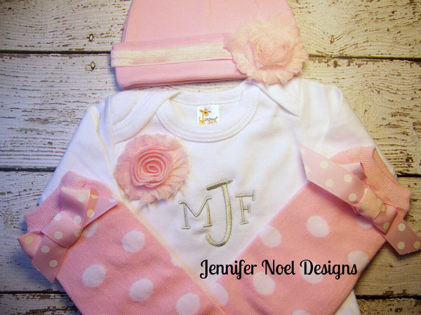 Personalized Take Home Oufit, Take Home From Hospital set, Gown, legwarmers and Headband, and Hat