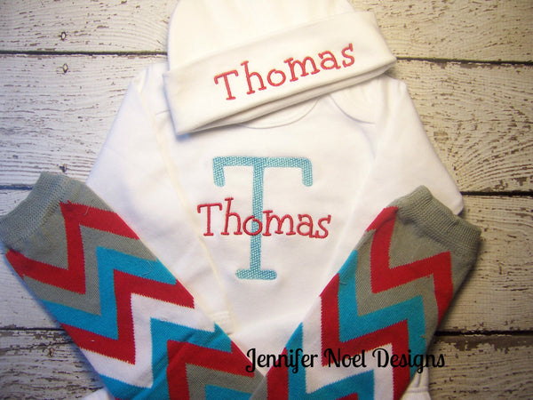 Personalized Coming Take Home From Hospital Outfit, Boys or Girls Layette Gown, or one piece and Hat Set, Boys Coming Home outfit
