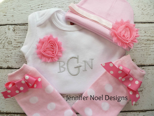 Personalized Coming Home Oufit, Take Home From Hospital set, Layette Gown, or one piece, leg warmers and Hat Set, Girls Take Home Outfit,