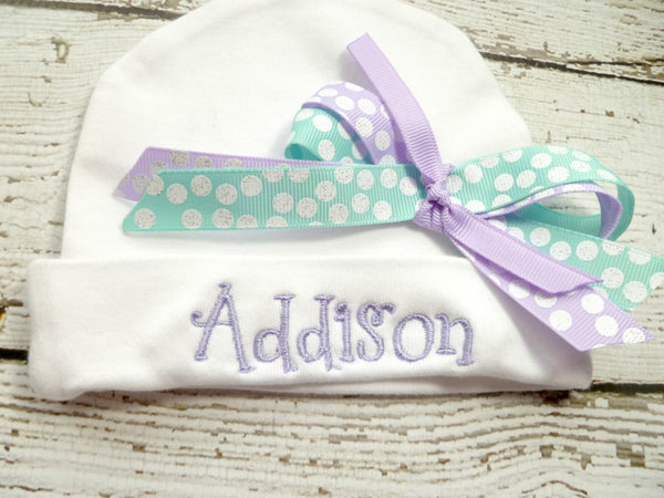 Personalized Coming Home Oufit, Take Home From Hospital Outfit, Layette Gown, or one piece and Hat Set, with burp cloth and pacifier clip