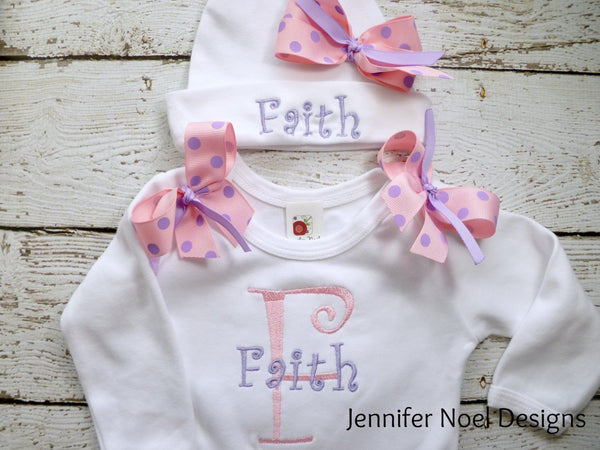 Personalized Coming Home Oufit, Take Home From Hospital Outfit, Layette Gown, or one piece and Hat Set, Girls Coming Home outfit