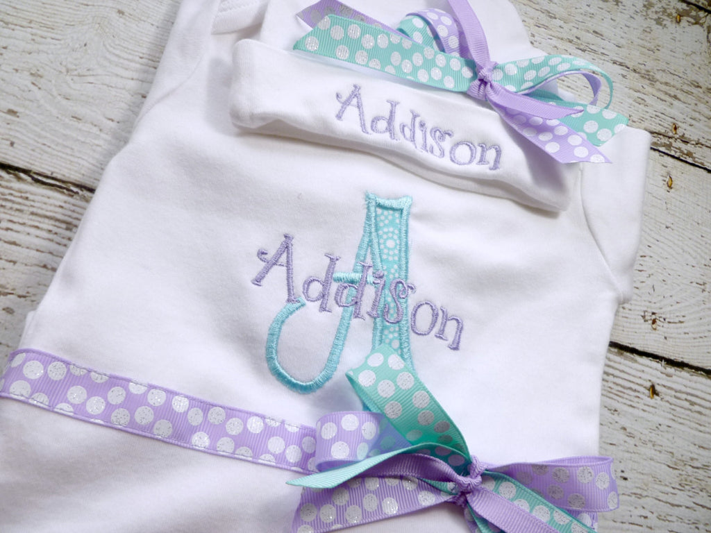 Personalized Coming Home Oufit, Take Home From Hospital Outfit, Layette Gown, or one piece and Hat Set, Girls Coming Home outfit