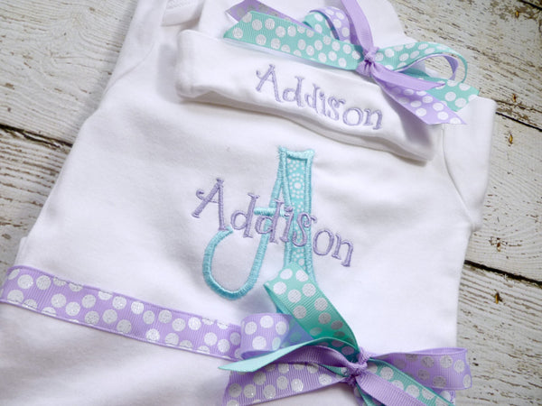 Personalized Coming Home Oufit, Take Home From Hospital Outfit, Layette Gown, or one piece and Hat Set, with burp cloth and pacifier clip