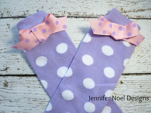 Baby Leg warmers, Baby legs warmers, with attached bows, Lavender with Pink and Lavender Bows,coordinate with outfits