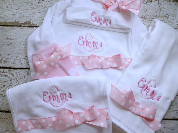 Personalized Coming Home Oufit, Take Home From Hospital Outfit, Layette Gown, or one piece and Hat, bib and burp and legwarmer Set