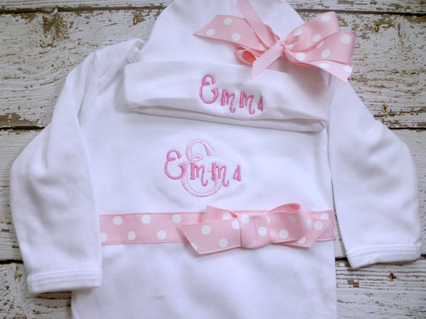 Personalized Coming Home Oufit, Take Home From Hospital Outfit, Layette Gown, or one piece and Hat, bib and burp and legwarmer Set