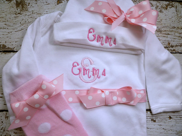 Personalized Coming Home Oufit, Take Home From Hospital Outfit, Layette Gown, or one piece and Hat, bib and burp and legwarmer Set