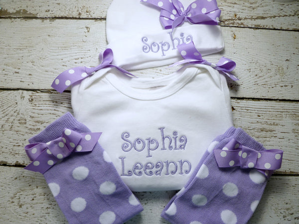 Personalized take home, Coming Home Outfitt, Take Home From Hospital Outfit, Layette Gown, or one piece, Hat and Leg warmer set.