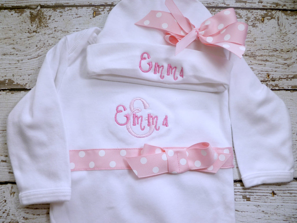 Personalized Coming Home Oufit, Take Home From Hospital Outfit, Layette Gown, or one piece and Hat Set, Girls Coming Home outfit